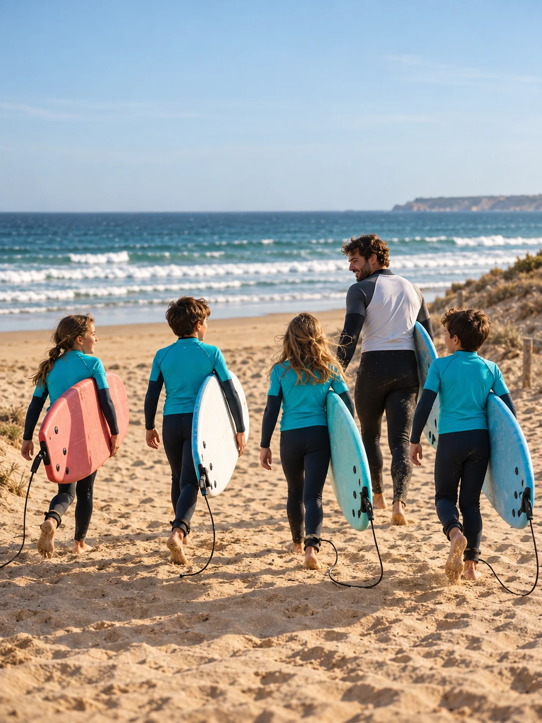 Grupo de niños y niñas caminando hacia el mar con sus tablas de surf en El Palmar