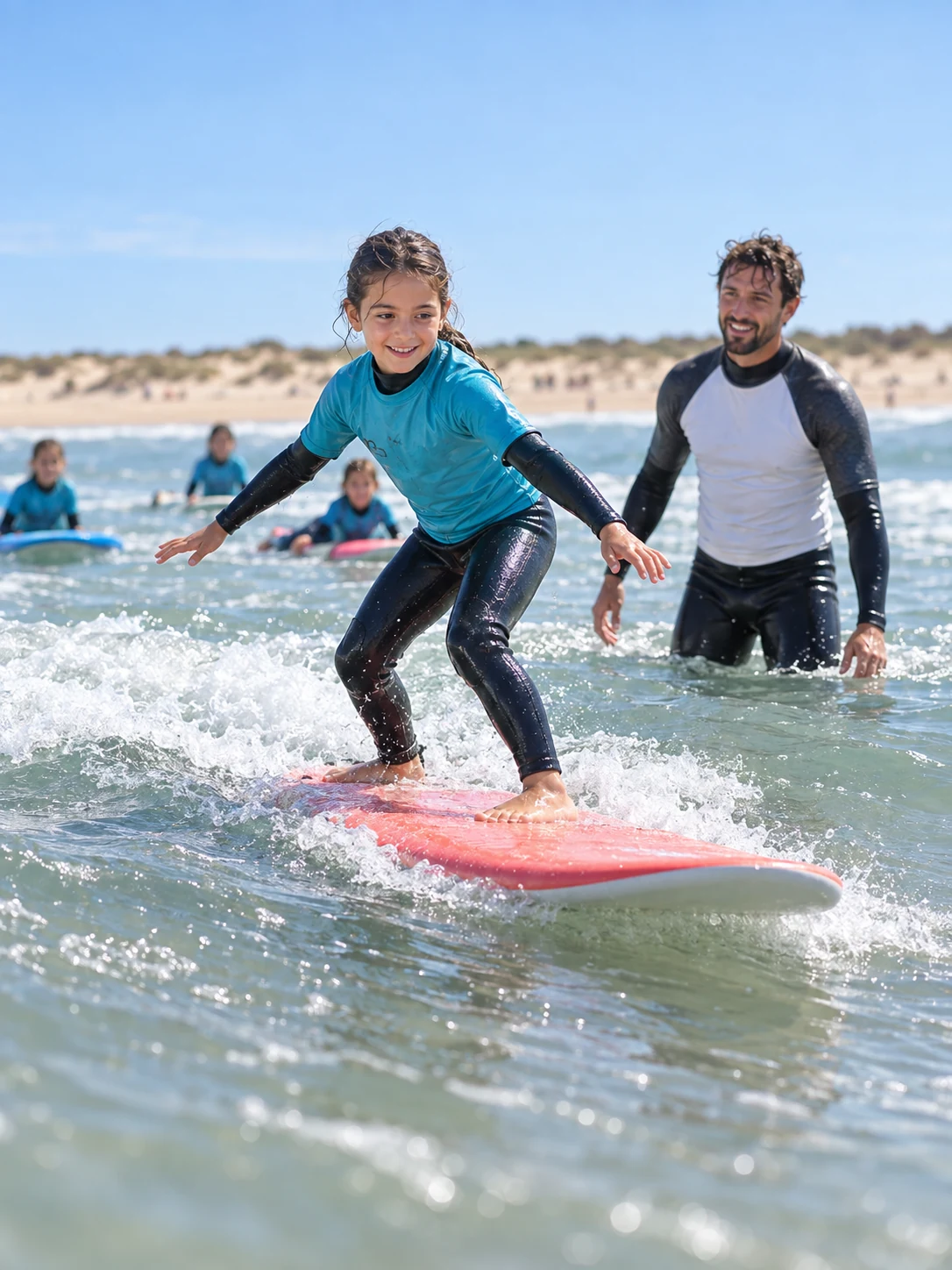 Niña surfeando su primera ola acompañada por un monitor en El Palmar